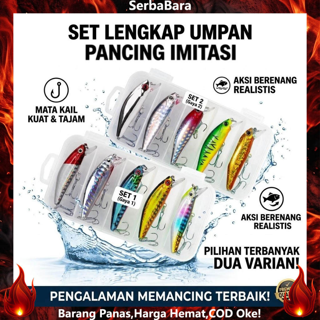 [5 Pcs Set] Lure Pancing Set Umpan Ikan Minnow 5 Pcs Multiwarna Berkualitas Harga Grosir