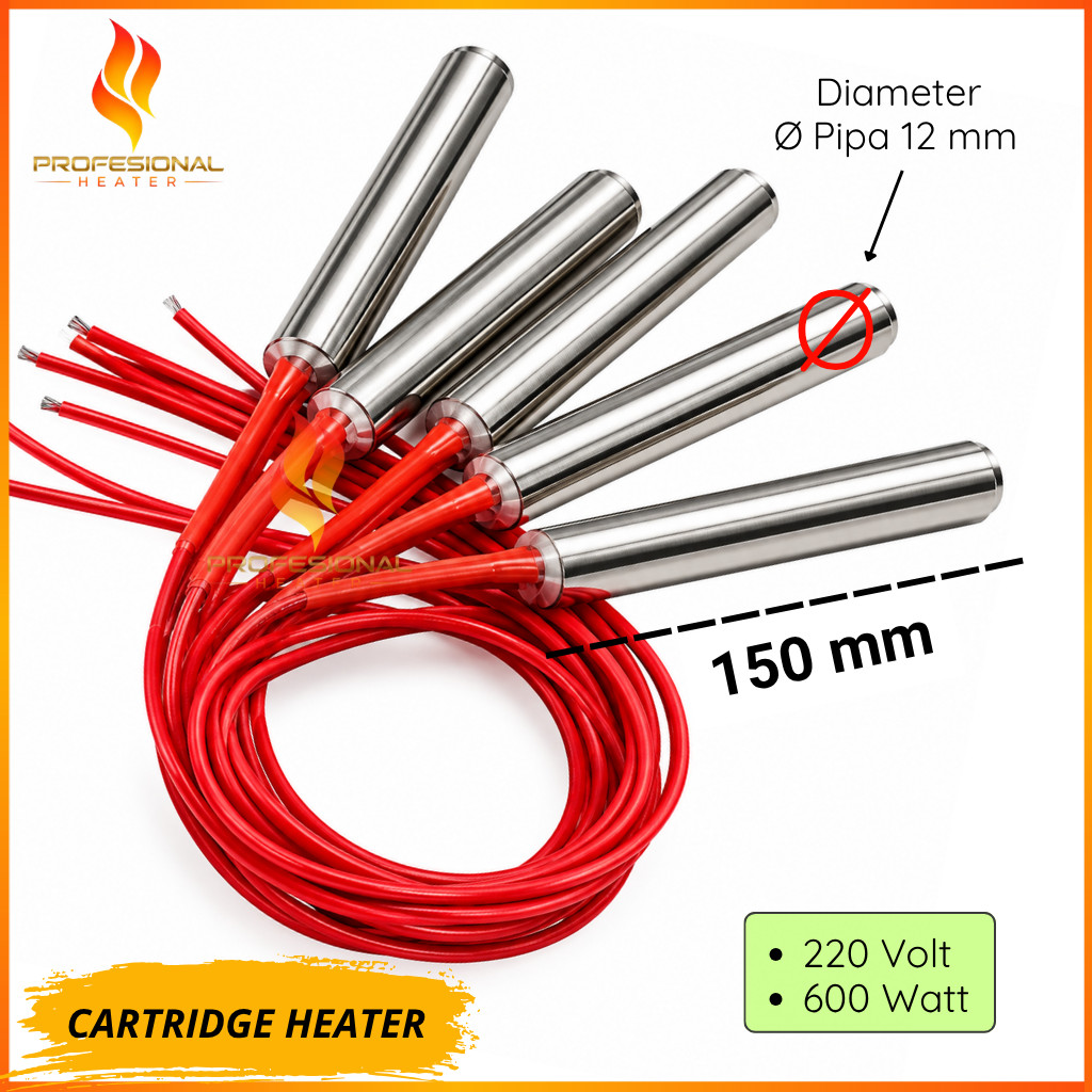 Cartridge Heater Ø Pipa 12 mm x 150 mm x 220 Volt x 600 Watt - Elemen Pemanas Mesin Industri Cetak P