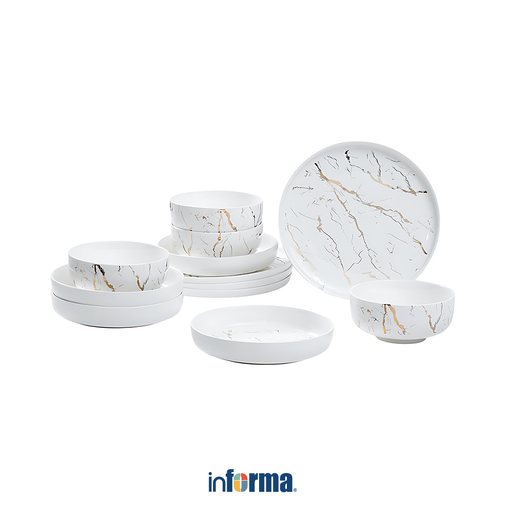 Informa Appetite Allen Perlengkapan Makan Marble Set 12 pcs - Putih Dining Set Tableware Alat Makan 