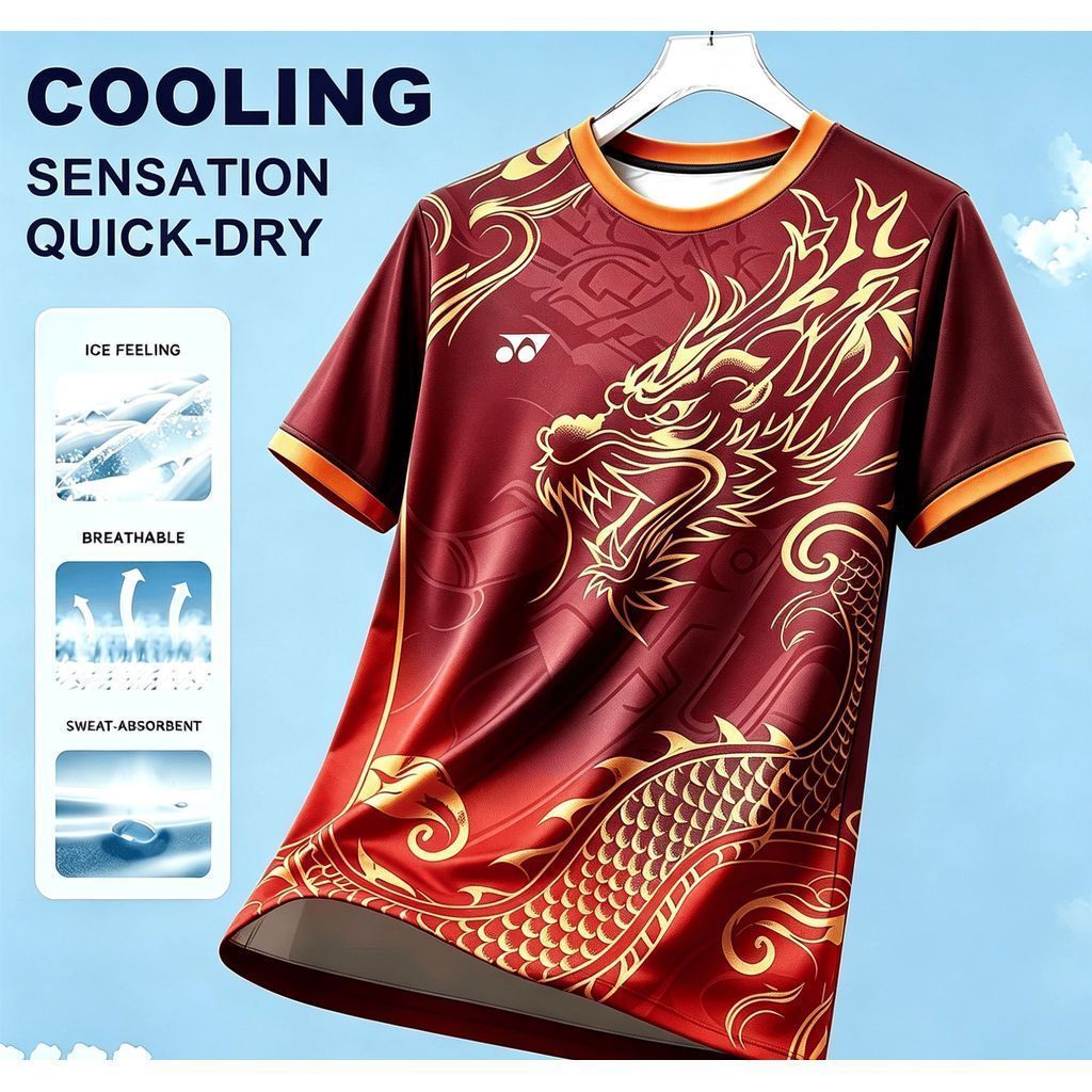 Kaos Jersey YONEX Dryfit Cooling Motif Naga Emas Premium Baju Olahraga Lengan Pendek