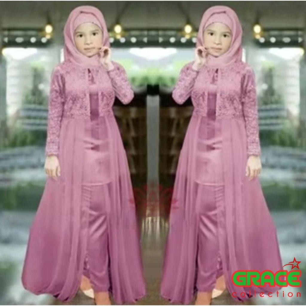 Gracecoll Terkini Setelan Muslimah Anak 2in1 Alya 5-7 tahun | Baju Setelan Celana Anak Muslimah | Pa