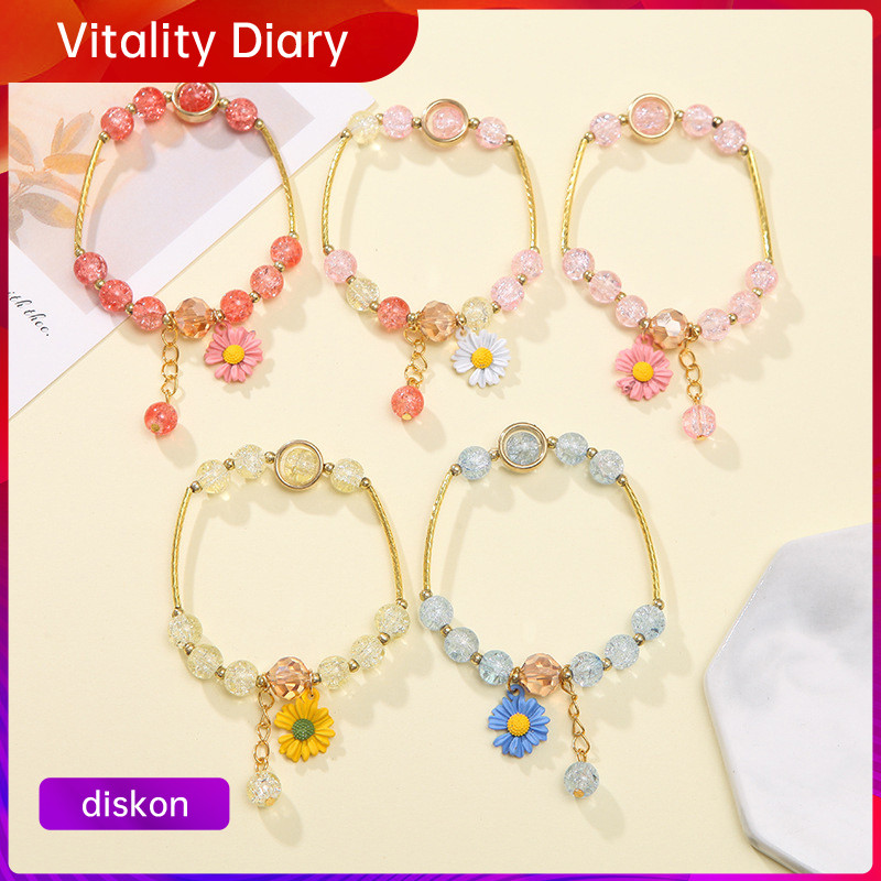 COD Gelang Manik Kristal Bunga Daisy Flower Kecil yang Elegan Gelang Manik Manik aesthetic Berkilau