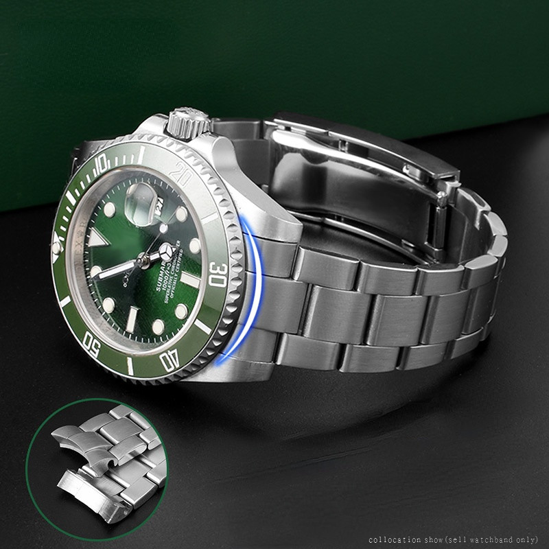 Solid Stainless Steel Watch Strap For Rolex Black Green Water Ghost Submariner Curved end Folng buck