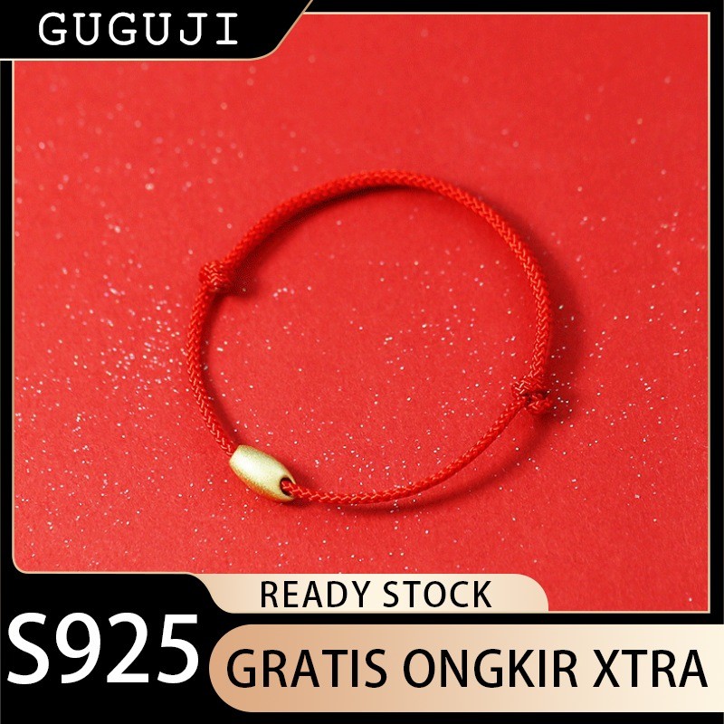 GUGUJI Gelang Millet Emas Tali Merah untuk Pria dan Wanita Pasangan Manik-manik Bulat 3D Emas Murni