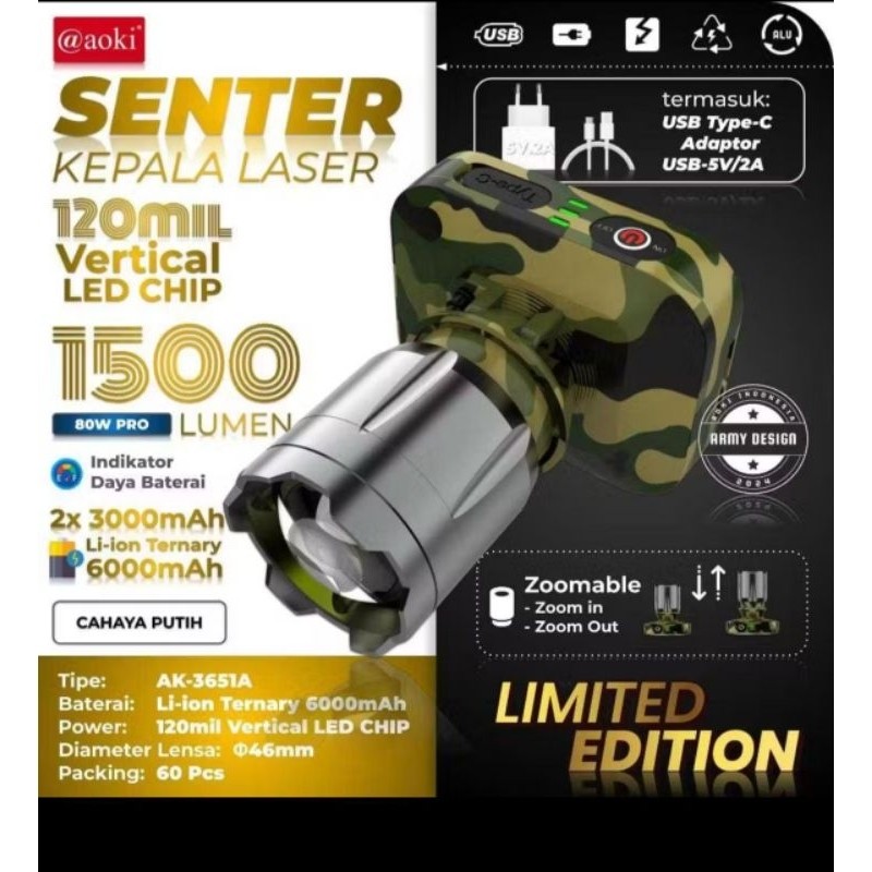 Senter kepala Aoki zoom 80wat PRO AK-3651A / AK-3652K ORIGINAL