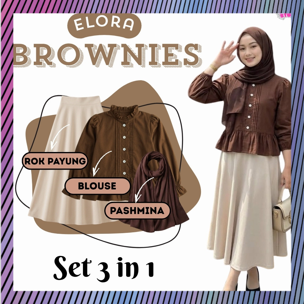 Oneset Blouse Elora Choco With Rok Payung 3 in 1 Outfit Korean Style Kekinian (Pashmina + Blouse Elo