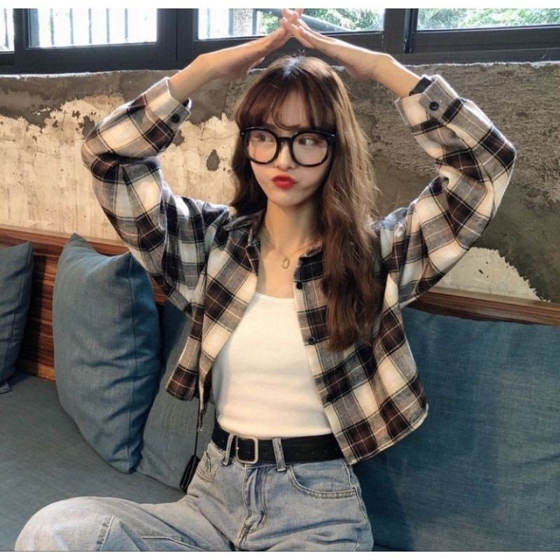 ab31 Kemeja Crop Kotak Semi Wool Katun Alus Dan Tebal