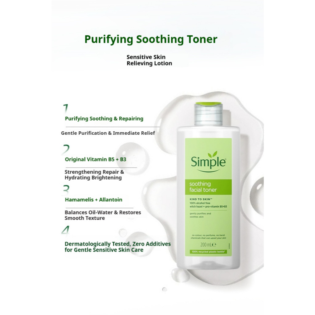 Simple Kind to Skin Soothing Facial Toner - Hydrating & Refreshing Alcohol-Free Toner 200ml Simple F