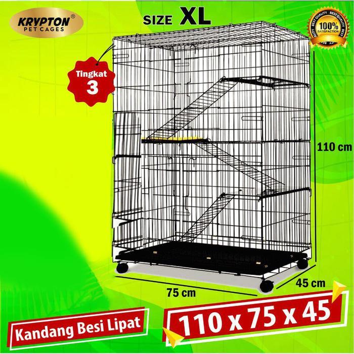Kandang Kucing Tingkat 3 Besi Lipat Tinggi 110 XL Jumbo Roda - KRYPTON