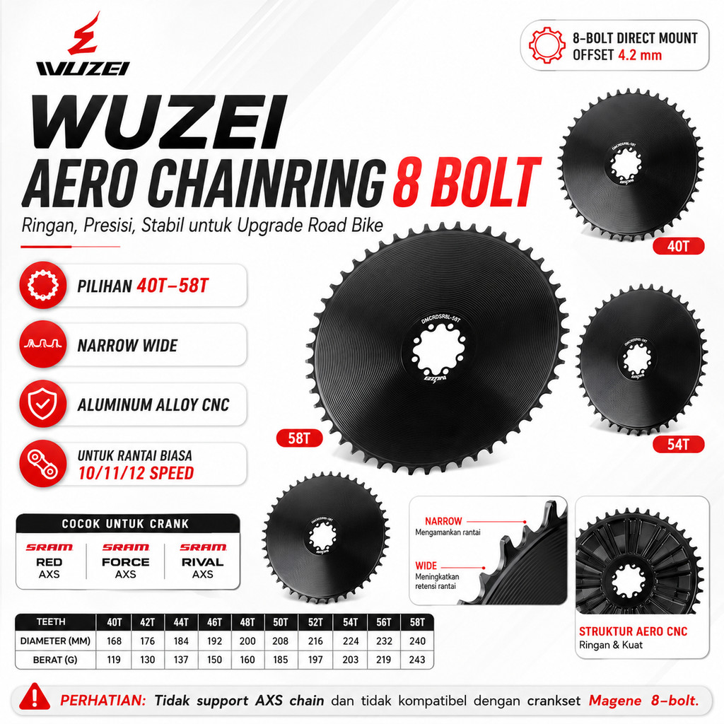 WUZEI Aero Chainring 8 Bolt Baut Narrow Wide for SRAM Force Rival Mount Sepeda Crank Direct Road Bik