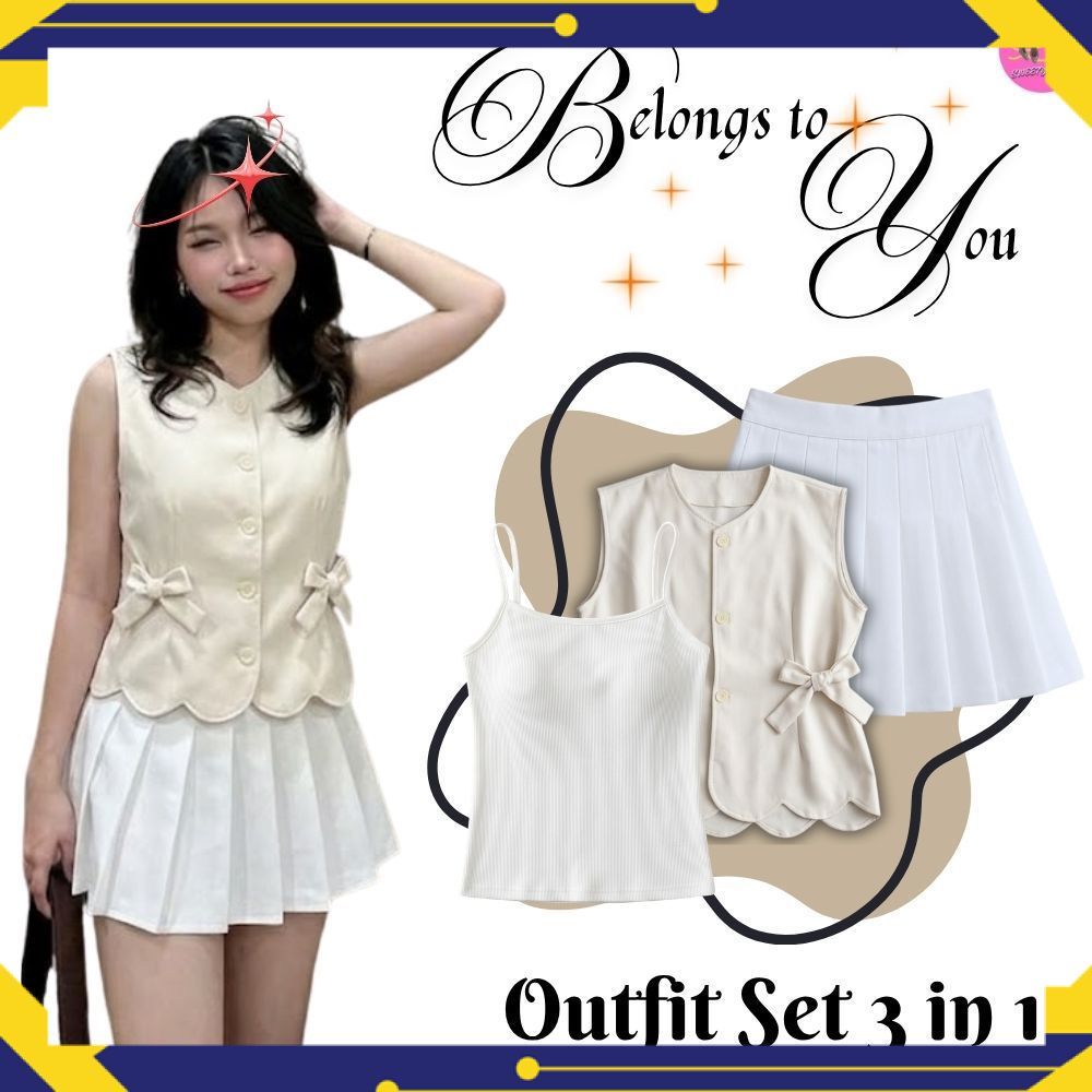 Setelan Outfit Vest Cheris Kekinian Korean Style 3 in 1 (Vest Cheris + Tanktop + Rok Mini) Stylish &