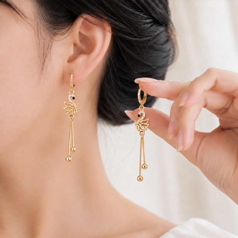 Anting Angsa Panjang Anti Karat Fashion Korea Aksesoris Wanita Elegant Anting Rumbai Emas-Suning