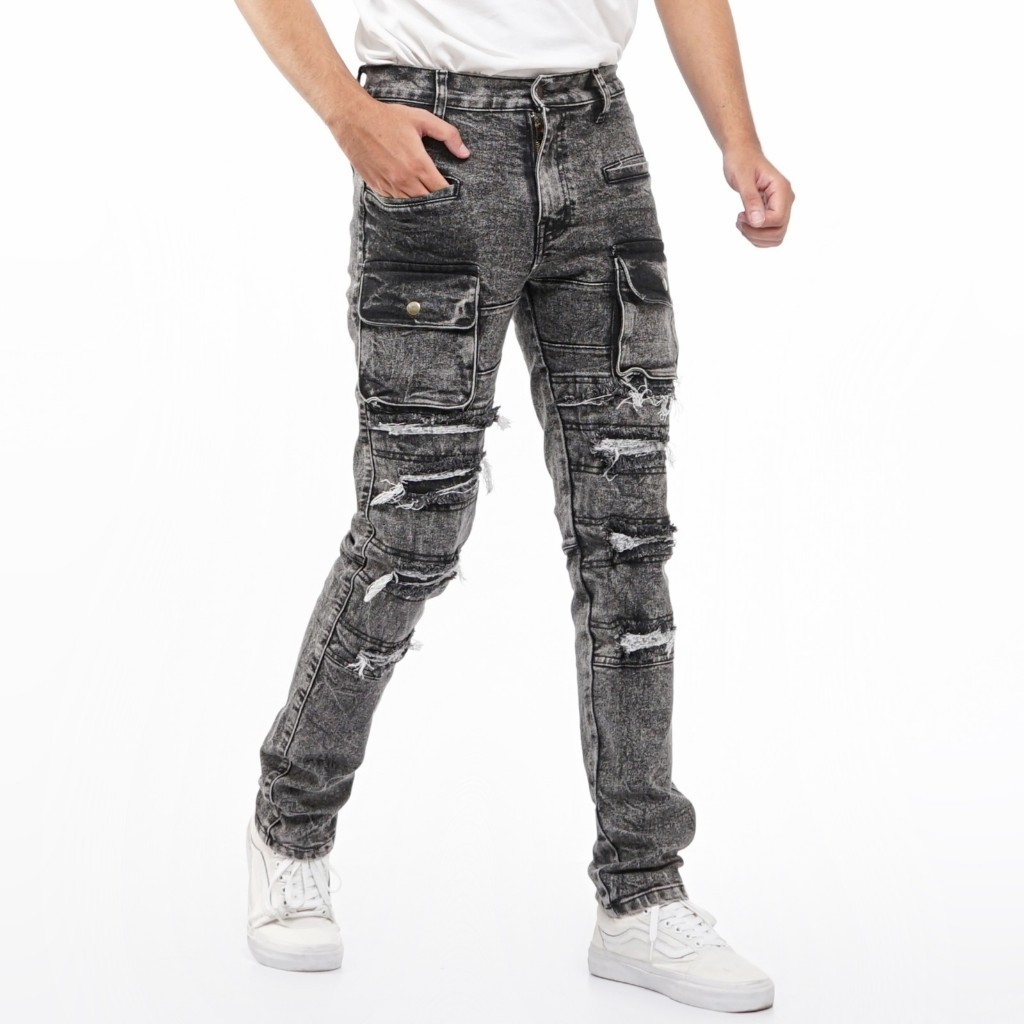 Bootloop - Riped GreyWash - Celana Denim Jeans Pria Cargo Riped Destroyer