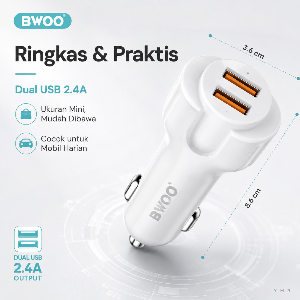 BWOO CC52 Car Charger Dual USB 2 Port 2.4A Charger Mobil Praktis