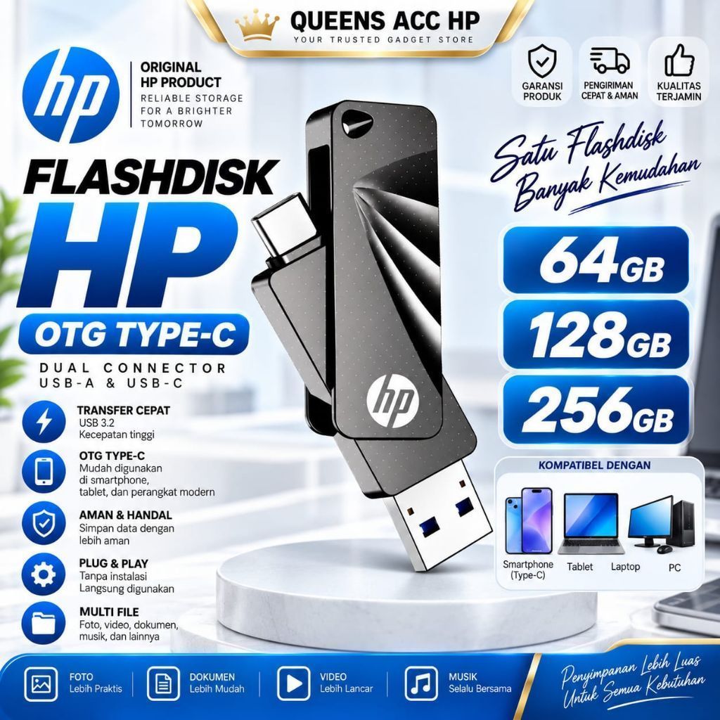 FLASHDISK HP 64GB 128GB 256GB 3.2 762C OTG TYPE C DUAL FLASH DRIVE