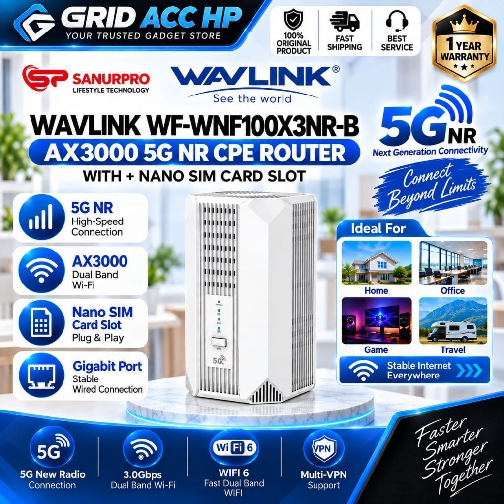 WAVLINK WF-WNF100XNR-B AX3000 5G NR CPE ROUTER WITH + NANO SIM CARD SLOT DILENGKAPI FITUR MULTI-PVN 