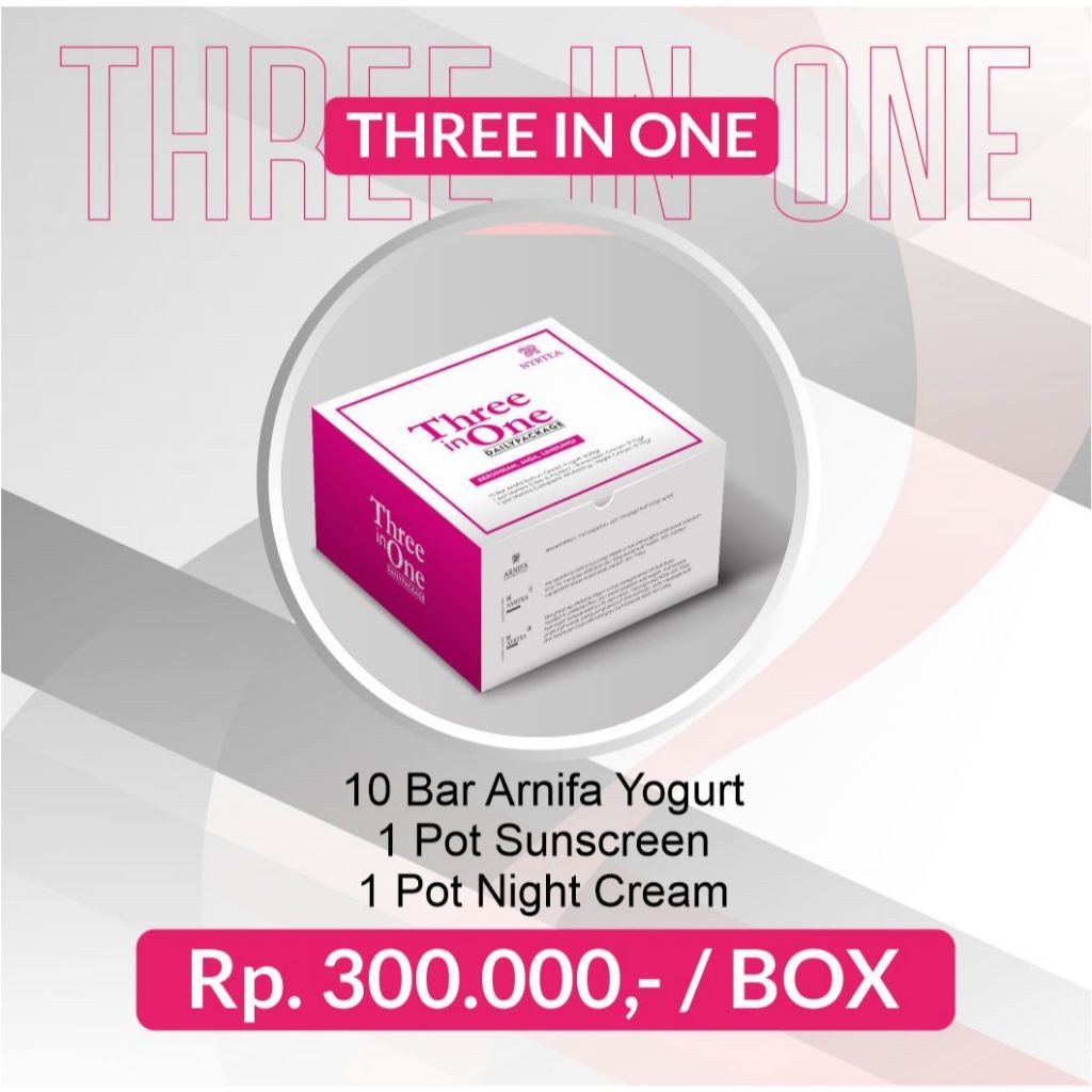 1 Box Three in One Skincare Nyrtea Original – 10 Sabun Arnifa + 1 Sunscreen SPF30 + 1 Night Cream Wh