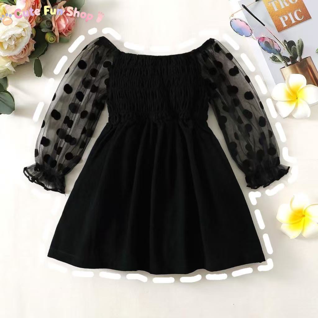 CuteFunShop  1-6 Tahun Anak-anak berusia gaun bayi perempuan dihiasi tulle lengan panjang A-line gau