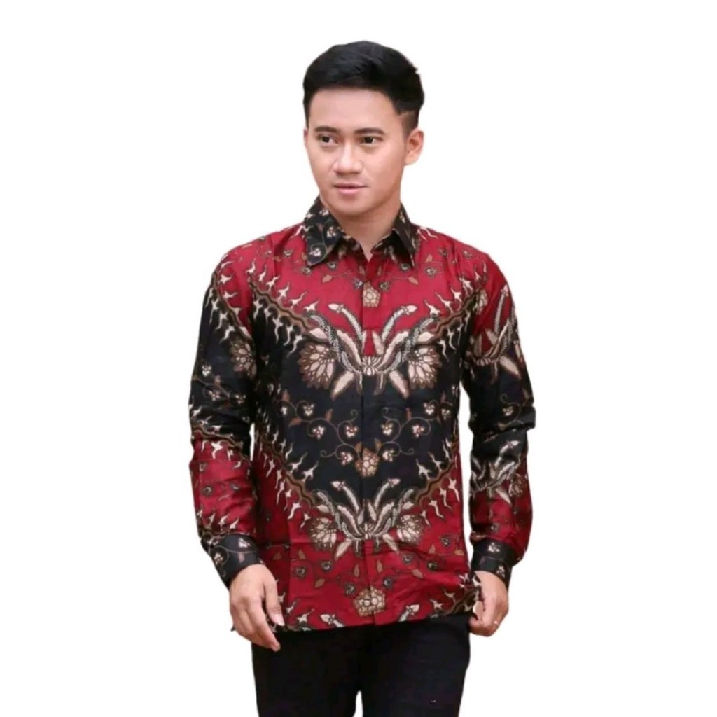 Kemeja Batik Pria Lengan Panjang - Baju Batik Lengan Panjang Warna Merah