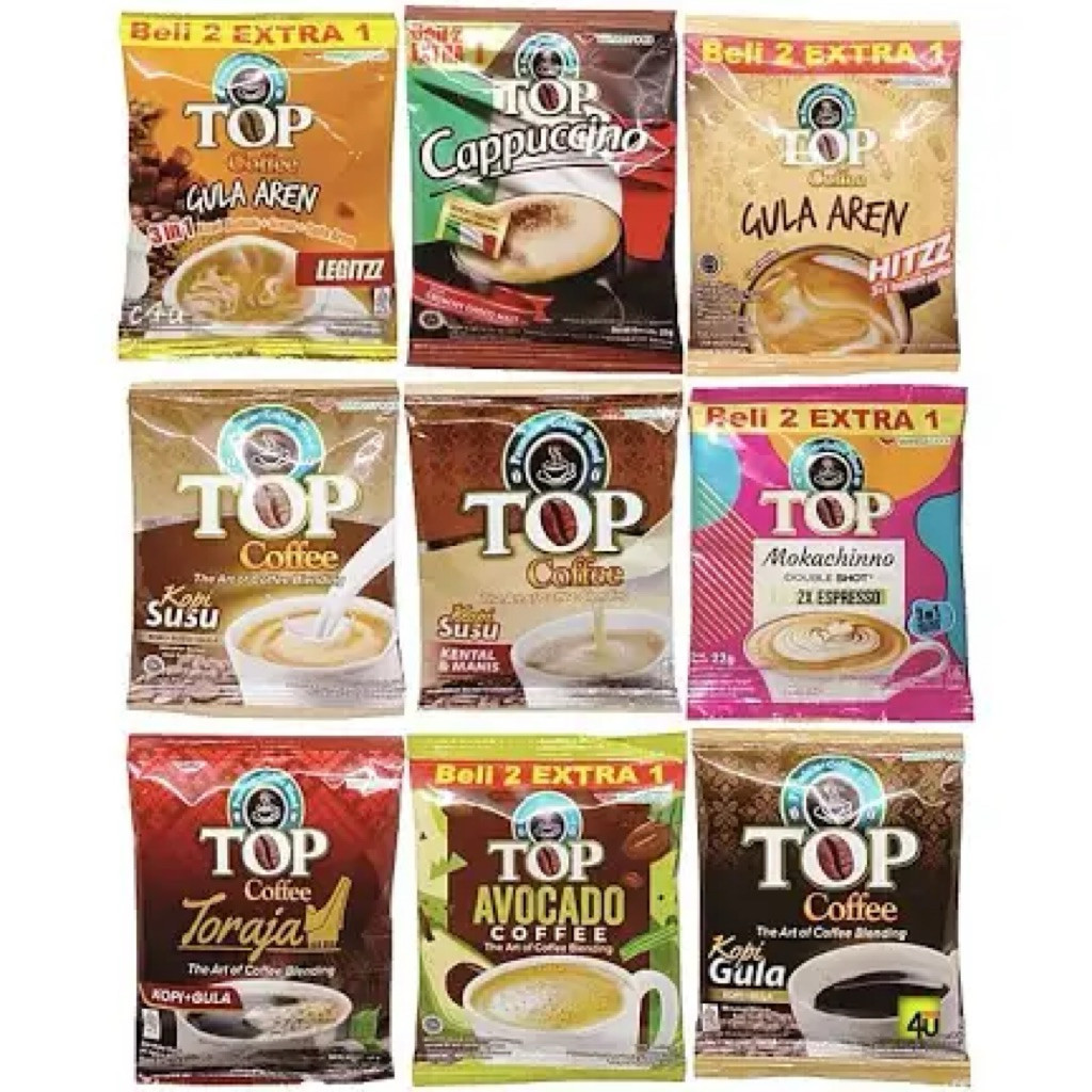 Top Kopi All Varian 1 Renceng 15 Sachet Coffee/Susu/White/Aren/capucino/Mokachino/Avocado