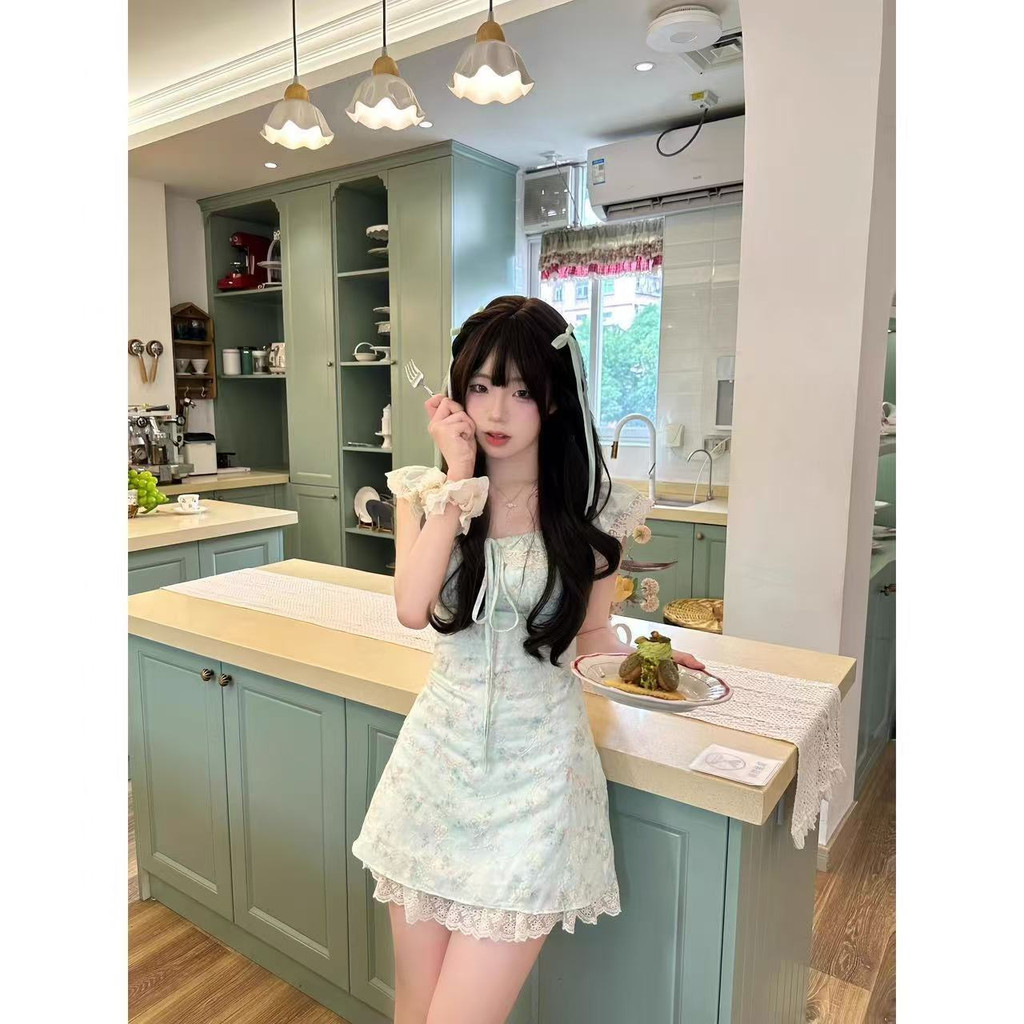 Suspender Gaun Pinggang Hijau Mint Manis Bermotif Bunga Wanita Musim Panas Bersulam Rok Pendek A-Lin