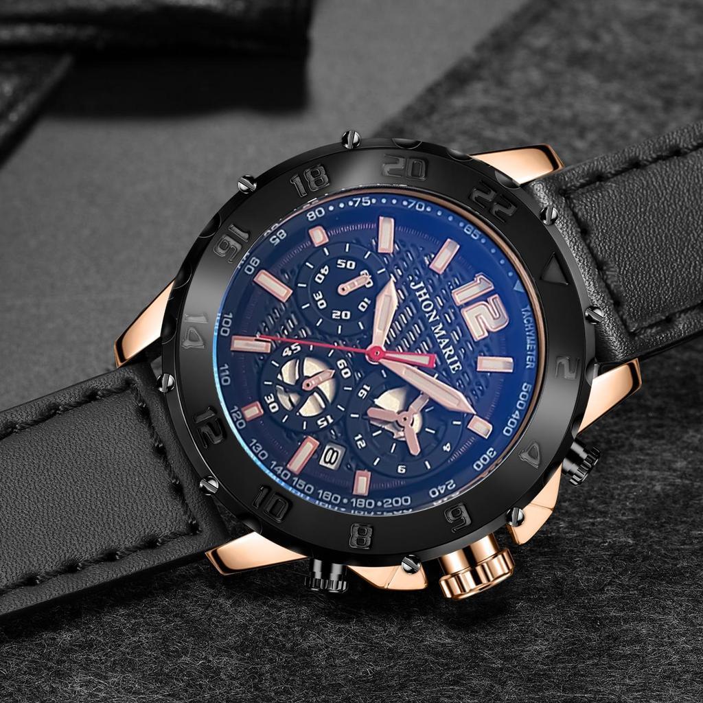 Jam Tangan Pria Jhon Marie 9507 Chrono Kulit Premium Original Blue Safier Bergaransi 12 Bulan
