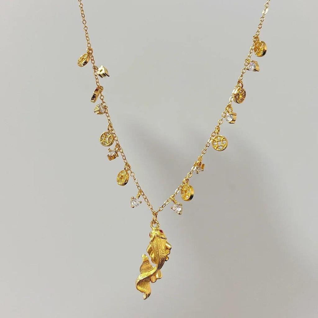 Chinese Style Retro Bronze Coin Koi Fish Design Gold Color Pendant Necklaces Women's Lucky Amulet Ne