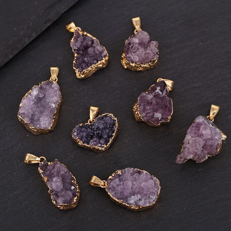 Liontin Amethyst, batu permata alam, kalung berlapis emas, liontin batu mentah Amethyst cluster.