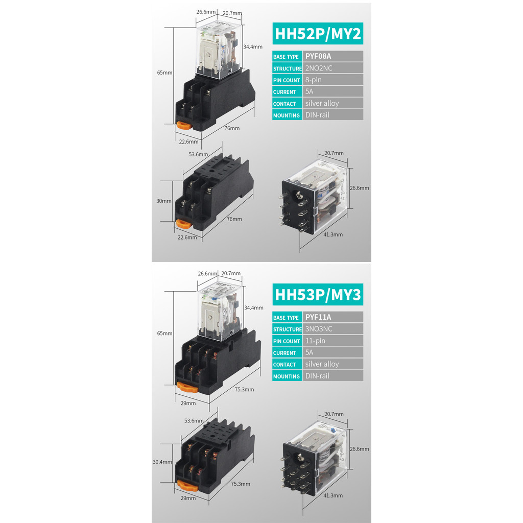 DPDT Power Relay 12V 24V 220V HH52P HH53P HH54P HH62P HH63P HH64P Electromagnetic Coil Universal Min