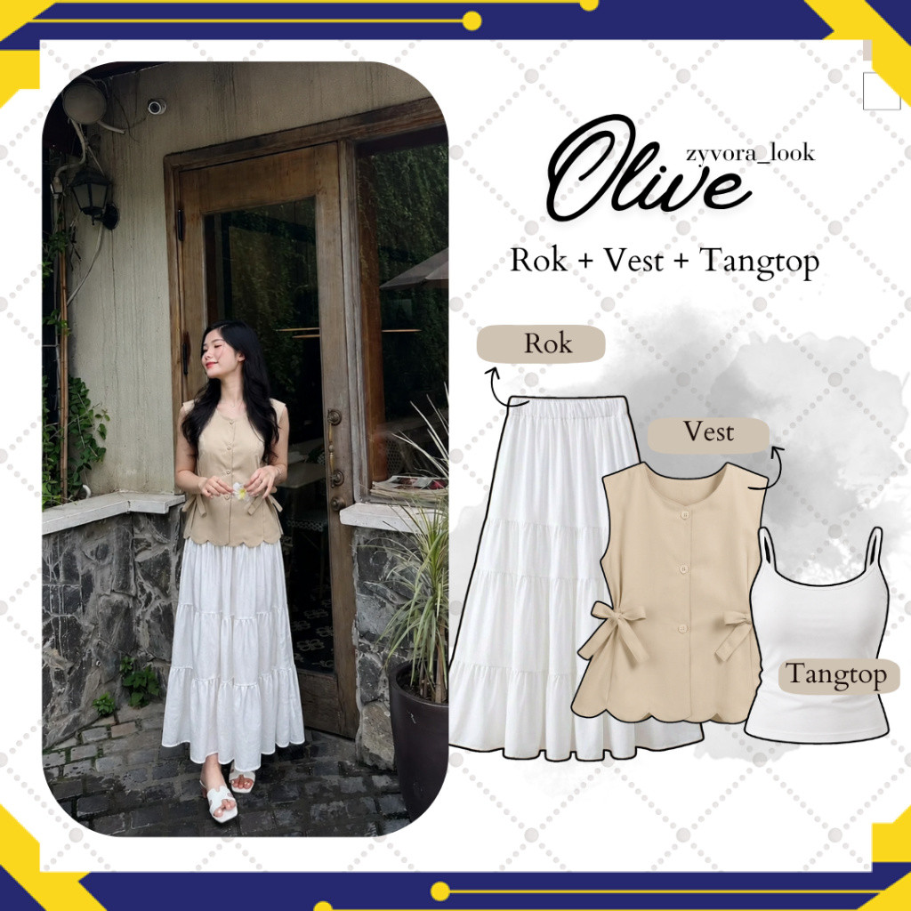 Olive 3in1 Set - Oneset - [ Vest + Tangtop + Rok susun ] Outfit feminim Korean Look | Casual outfit 