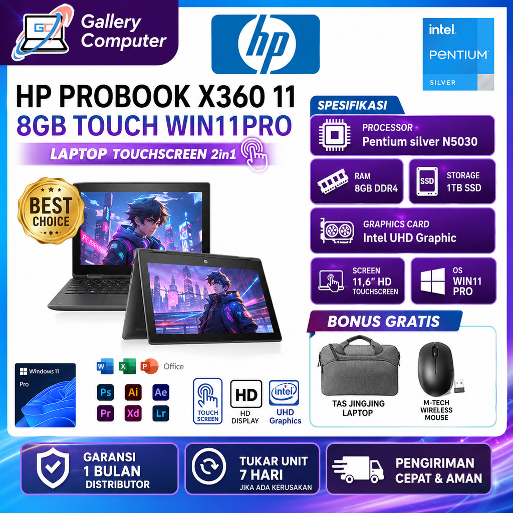HP Probook 11 X360 Intel Core N5030 1TB SSD Touchscreen Widows 11 Pro Office 2024 Grey