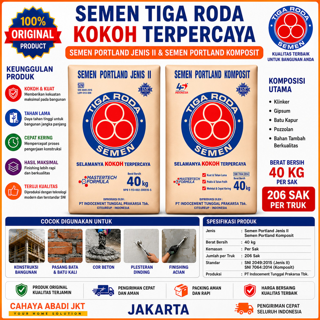 Semen Tiga Roda 40Kg 206 SAK Original | Semen Portland Jenis II & Portland Komposit | Semen Bangunan