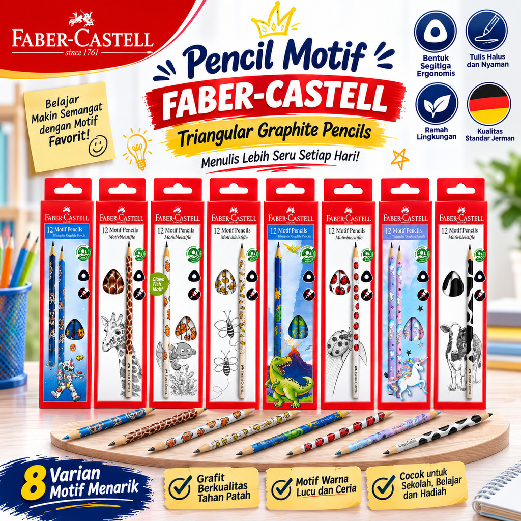 Faber Castell Motif Pensil Ergonomis Graphite Triangular HB Original Pencil Tulis Karakter Funny Hew