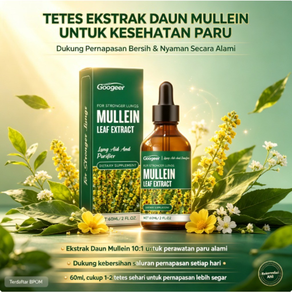 Googee Mullein Leaf Extract 60ml, Ekstrak Daun Mullein 10:1, dukung kesehatan paru & pernapasan ly73