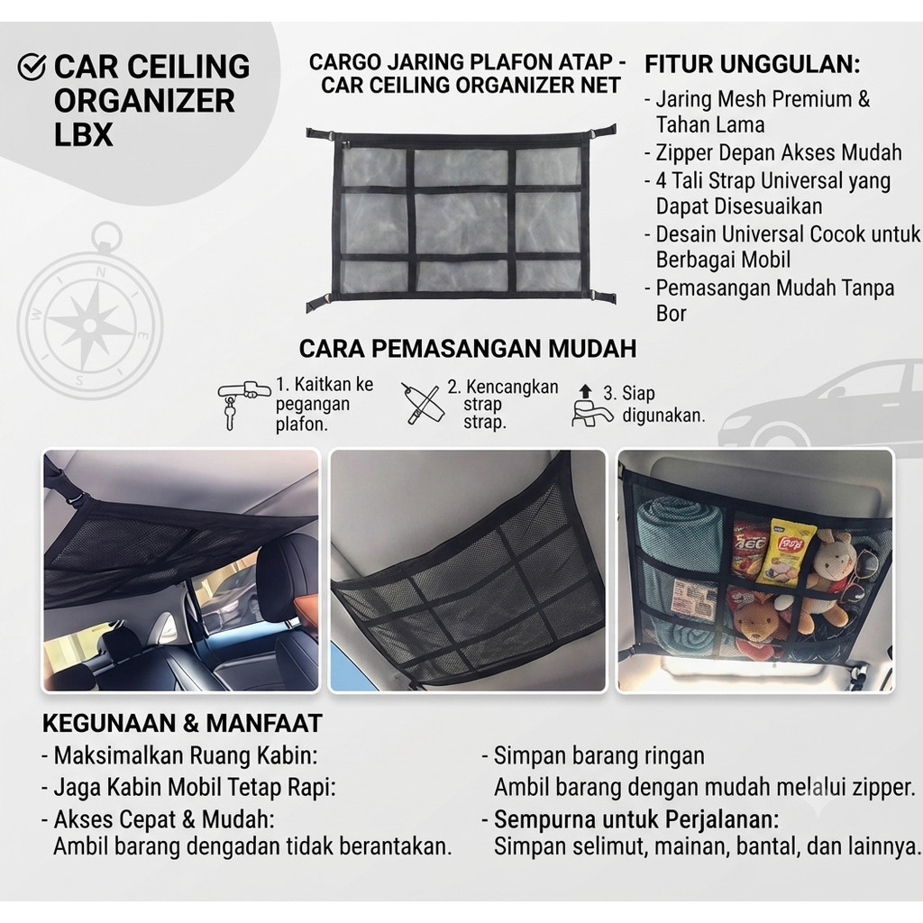 Cargo jaring Plafon Atap Langit Mobil car Ceiling organizer Net LBX