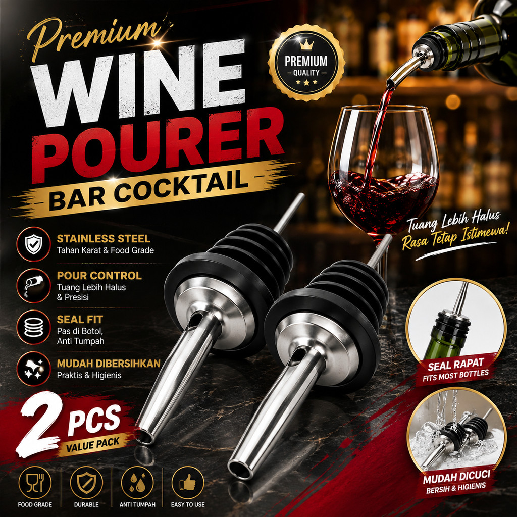 Wine Pourer Stainless Steel 2 Pcs Tuang Anggur Minyak Zaitun Whiskey Vodka Aerator Spout Anti Tetes 