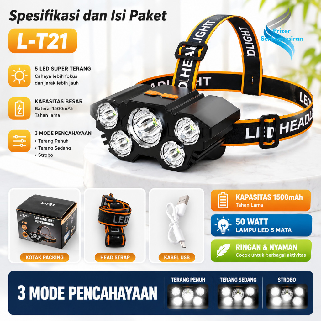 Senter Kepala 40 Watt L-T21 5 Led Rechargerable 4 Mode Cahaya Lampu Senter 50Watt