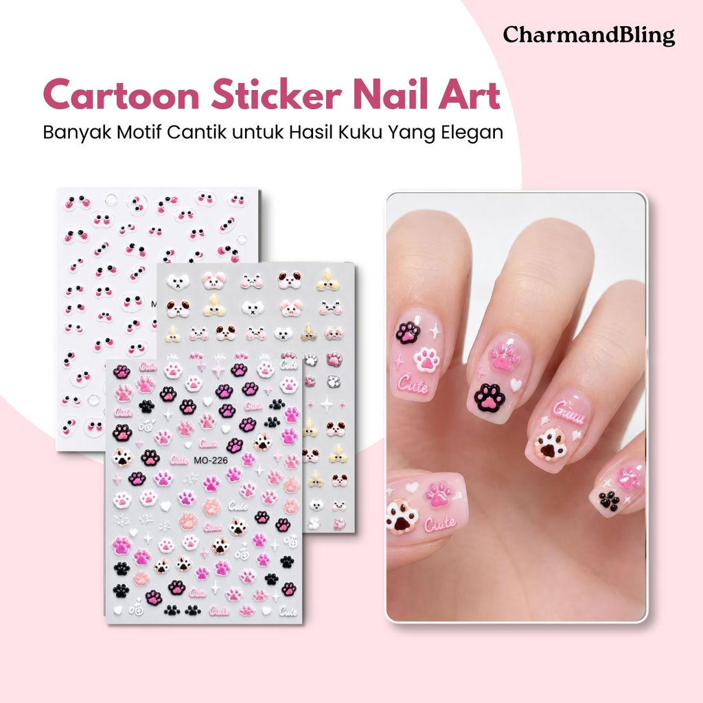 Stiker Kuku Kartun Lucu Nail Art Sticker 5D Timbul Doodle Hewan Kucing Panda Natal Christmas Kawaii