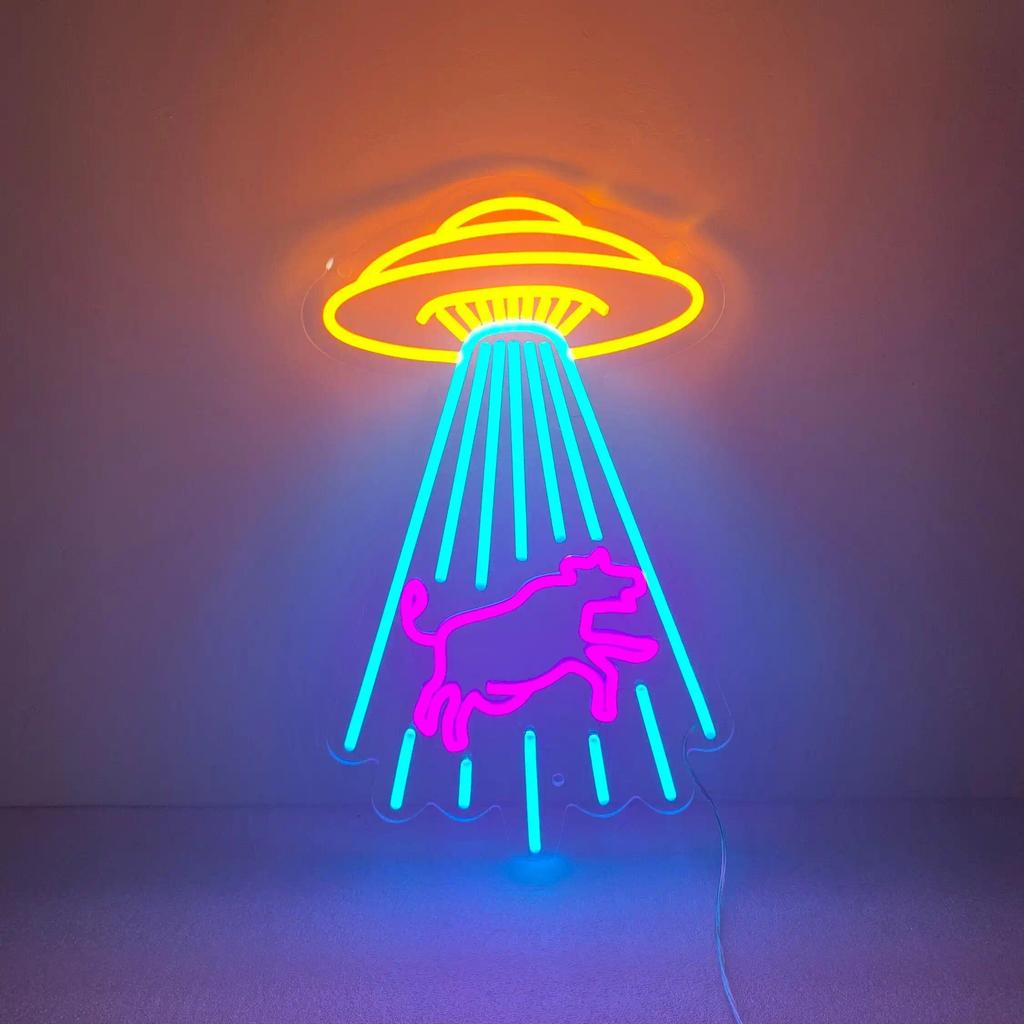 UFO Neon Sign Animal Cow Wall Decor Creative Cool Space for Kids Nursery Game Room Neon Birthday Gif