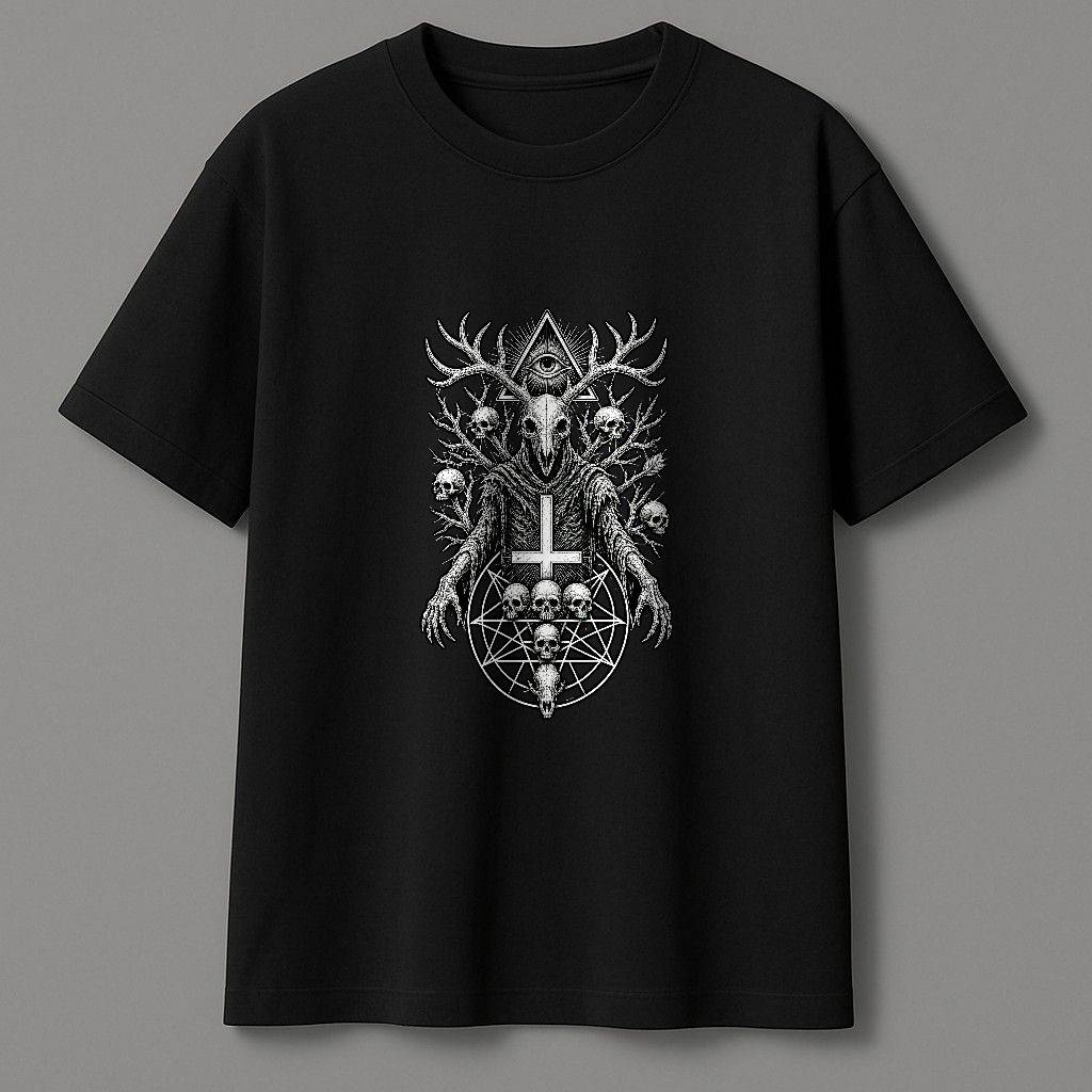 Kaos Pendek Gothic Occult Deer Skull Dengan Mata Ilahi, Tanduk Rusa, Tengkorak Dan Pentagram, Desain