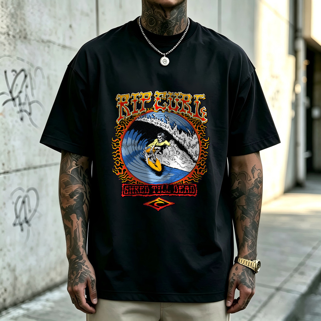Kaos Pria RIP CURL Skeleton Surfer Wave Vintage Graphic, T-Shirt Oversize Unisex American Style, Kao