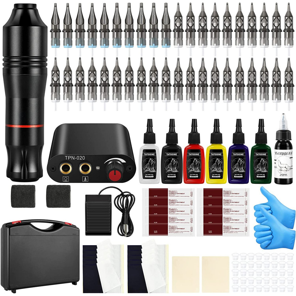 Kit Mesin Tato Nirkabel Profesional, Kit Pena Tato Rotary dengan Catu Daya Nirkabel, Tinta, dan Jaru