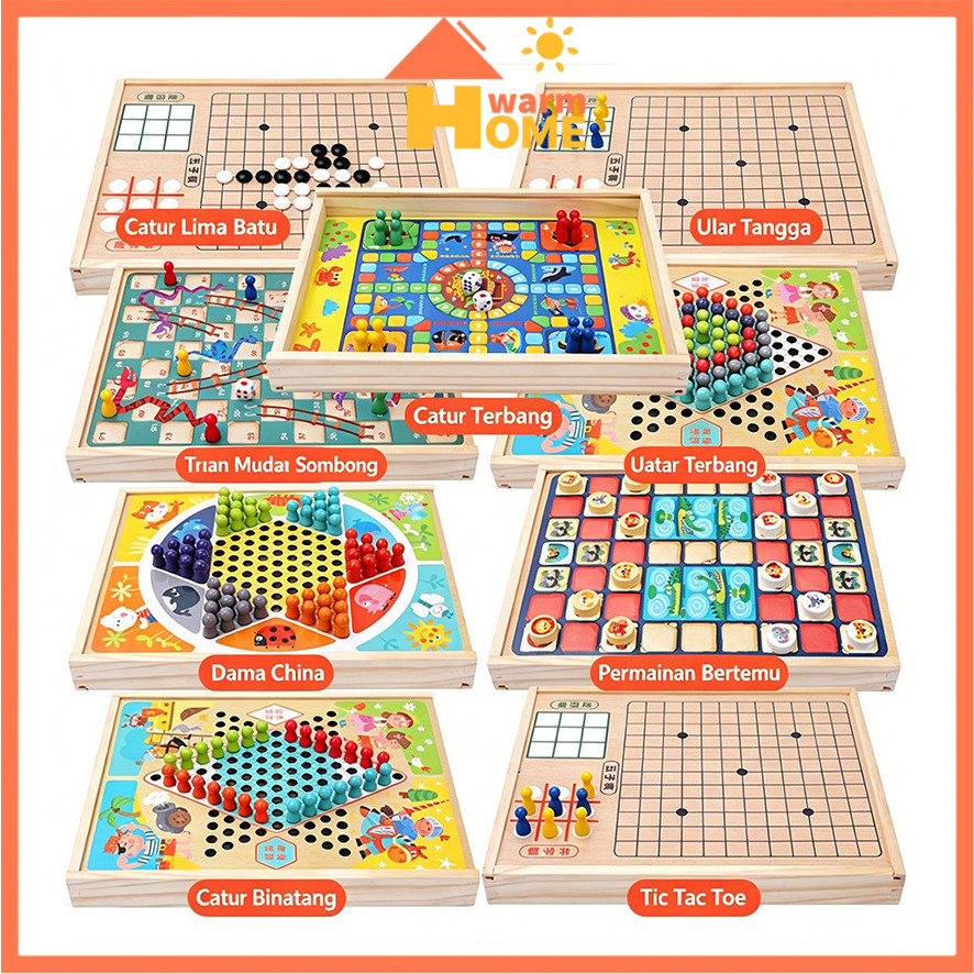 Mainan Papan Catur 9in1 Wooden Board Game Ludo Ular Tangga Anak Checkers Board Game Keluarga