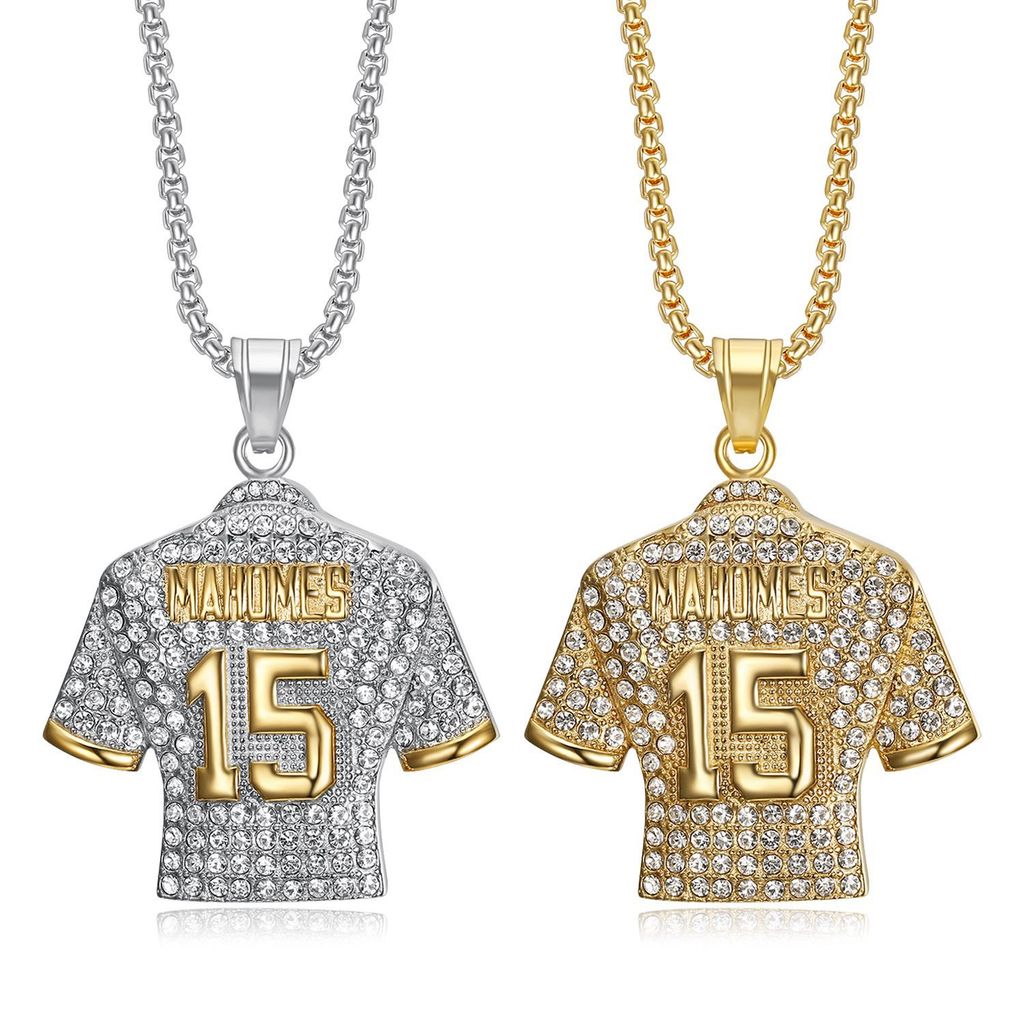 Titanium Steel Gold Plated Diamond NFL Quarterback No. 15 Kalung Liontin Jersey Mahomes