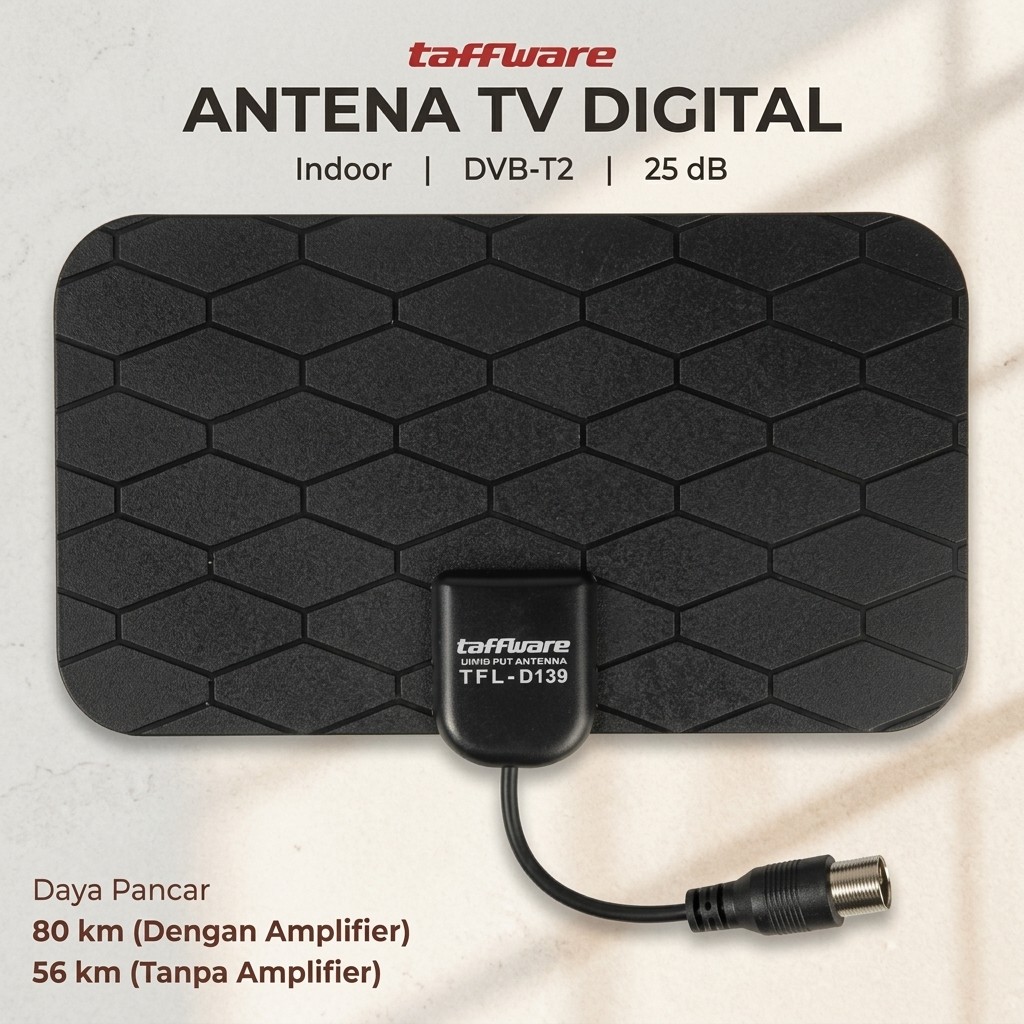 Antena TV Digital DVB-T2 Gain 25dB Indoor Jack Male Taffware Antena Sinyal Siaran TV Digital Bersih 