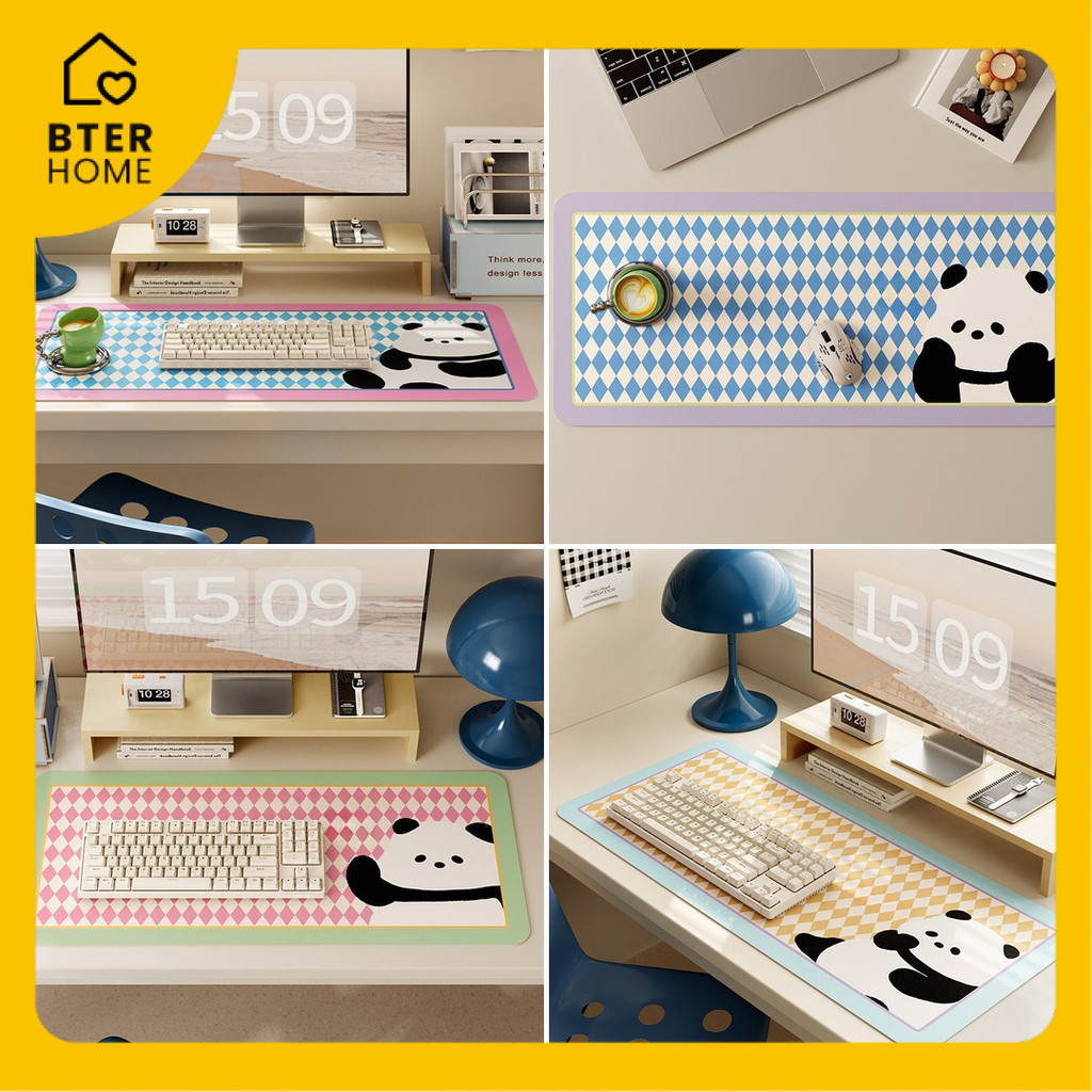 Bterhome Mousepad Panjang Tahan Air Panda Gingham Korean Deskmat Tahan Minyak Alas Keyboard Custom U