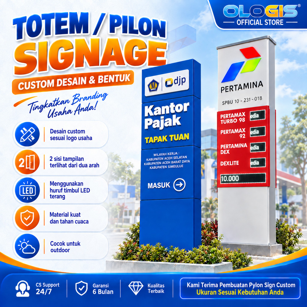 Pylon Sign SPBU DJP PLN Totem Plang Signage Outdoor 2 Sisi Custom Desain Bentuk Logo Perusahaan