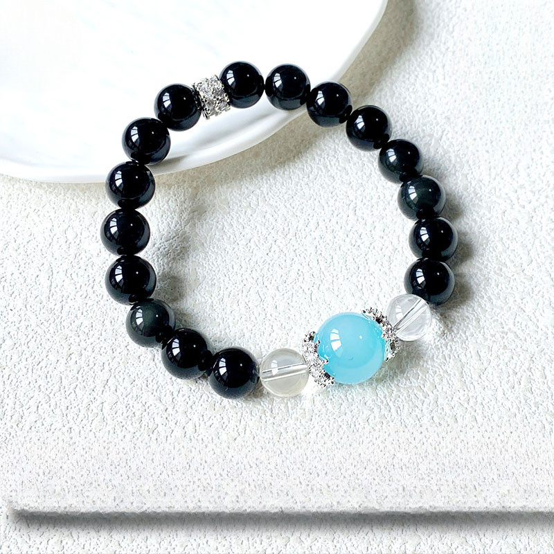 Gelang Batu Obsidian Hitam Alami, Kristal Putih, dan Batu Laut Biru untuk Wanita
