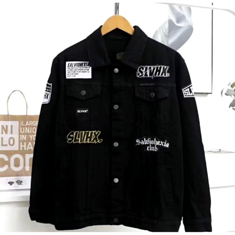 Jaket Jeans Pria Bordir Salviohexia Oversize Jaket Jeans Cowok SLVHX Hitam Jumbo M-XXXL Distro