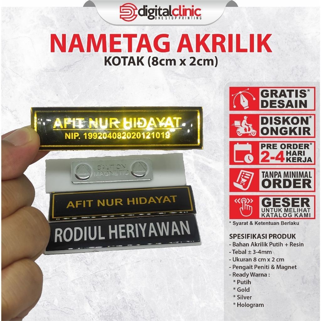 

Name Tag Nama Dada Akrilik Magnet Peniti Gold Silver